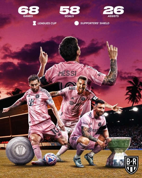 两年前的今天梅西上演迈阿密国际首秀，至今出战68场58球26助