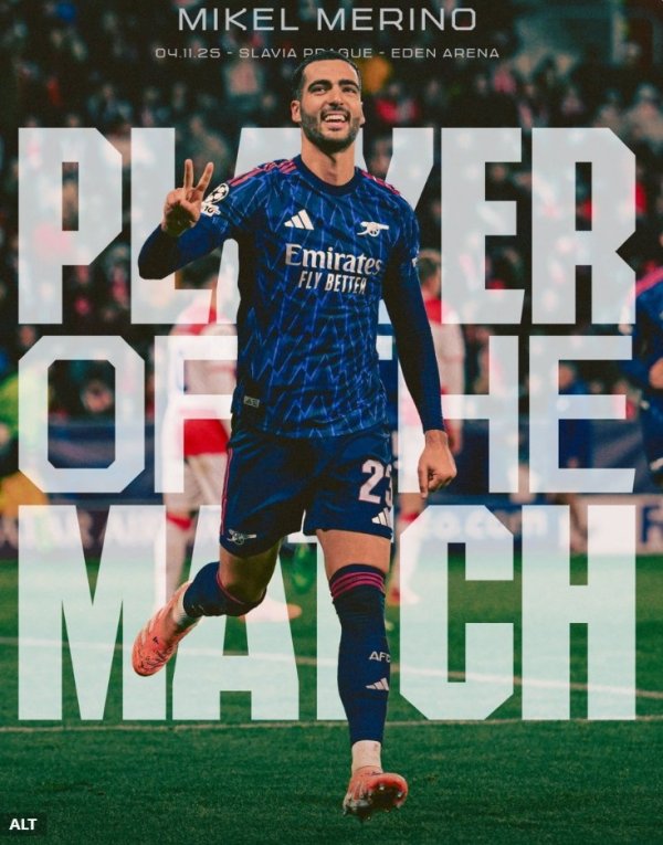 客串五号位连进两球，阿森纳官方：梅里诺当选本轮欧冠队内最佳球员